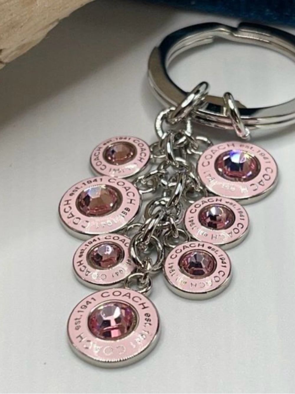 COACH Pink Crystal Multi-Dangle Logo Charm Key Ring